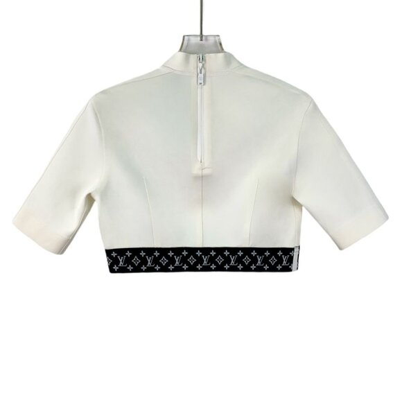 Louis Vuitton White Short-Sleeve Stand-Up Collar Top With Embossed Logo & Monogr - Picture 7 of 7